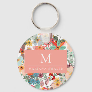 Romantic Floral soft Pink Green peach Classic Key Ring