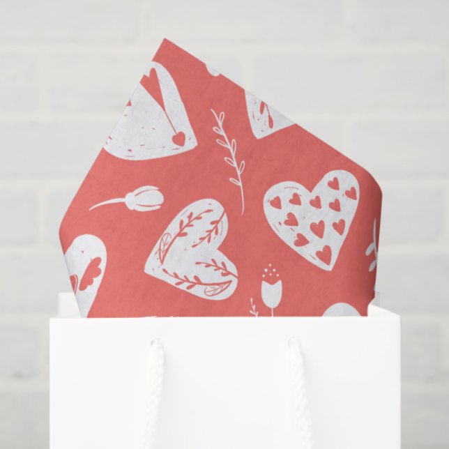 Romantic Floral Valentine Hearts Pattern Coral Tissue Paper (Gift Bag)