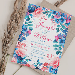 Romantic Floral Vibrant Blue Wedding w/ QR RSVP Invitation