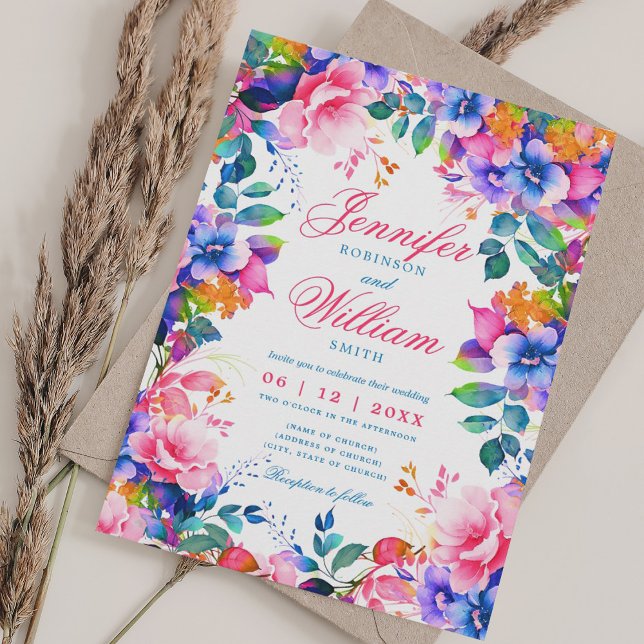 Romantic Floral Vibrant Rainbow Elegant Wedding  Invitation (Romantic Floral Vibrant Rainbow Elegant Wedding Invitation)