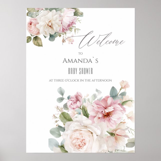 Romantic floral watercolor roses Welcome Poster (Front)