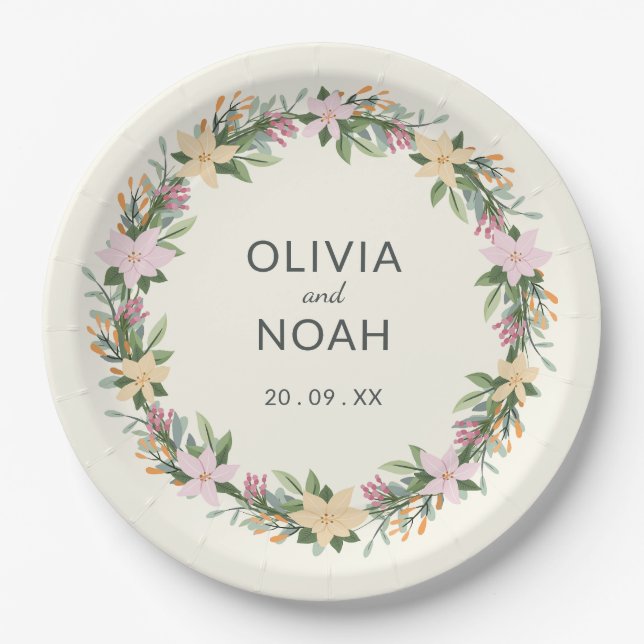 Romantic floral wedding - boho party paper plate (Front)