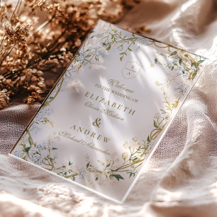 Romantic Floral Wedding Design with Monogram Crest Acrylic Invitations