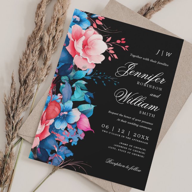 Romantic Floral Wedding Elegant Script Blue Black Invitation (Romantic Floral Wedding Elegant Script Blue Black Invitation)