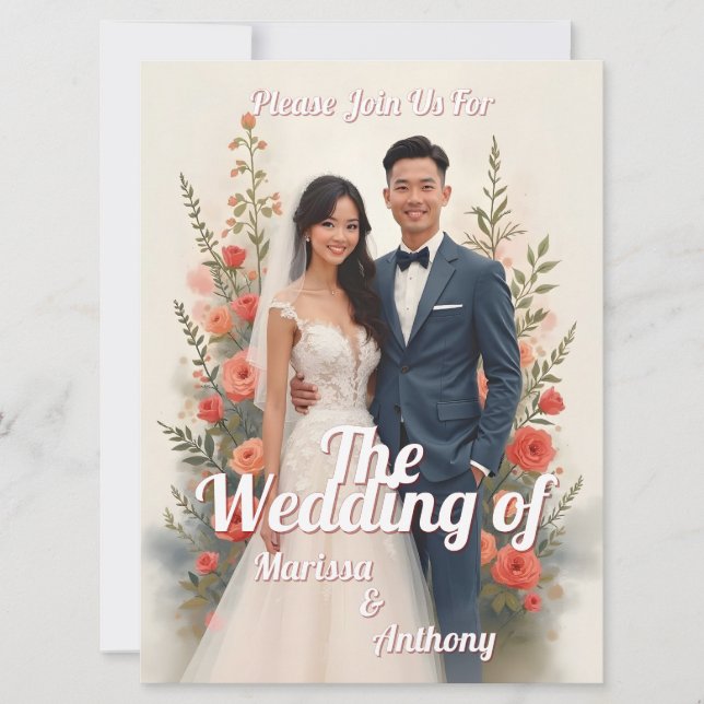 Romantic floral wedding invitation vintage style (Front)