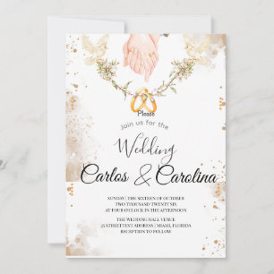 Romantic Floral Wedding Invitation with Gold Rings