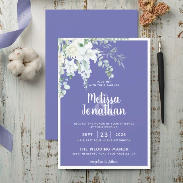 Romantic floral white gentle flower purple wedding invitation (Creator Uploaded)