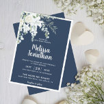 Romantic floral white gentle flowers blue wedding invitation<br><div class="desc">Create the perfect Wedding suite with this romantic and beautiful wedding invitation featuring a delicate watercolor bouquet with white gentle flowers, over greenery, and other botanical foliage on the left top corner, over a classy plain Prussian blue background. Easily edit the template fields to add the bride and groom names...</div>
