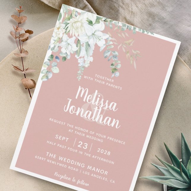 Romantic floral white gentle flowers pink wedding invitation (Creator Uploaded)