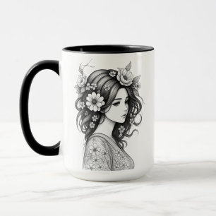 Romantic Floral Woman Line Art Mug