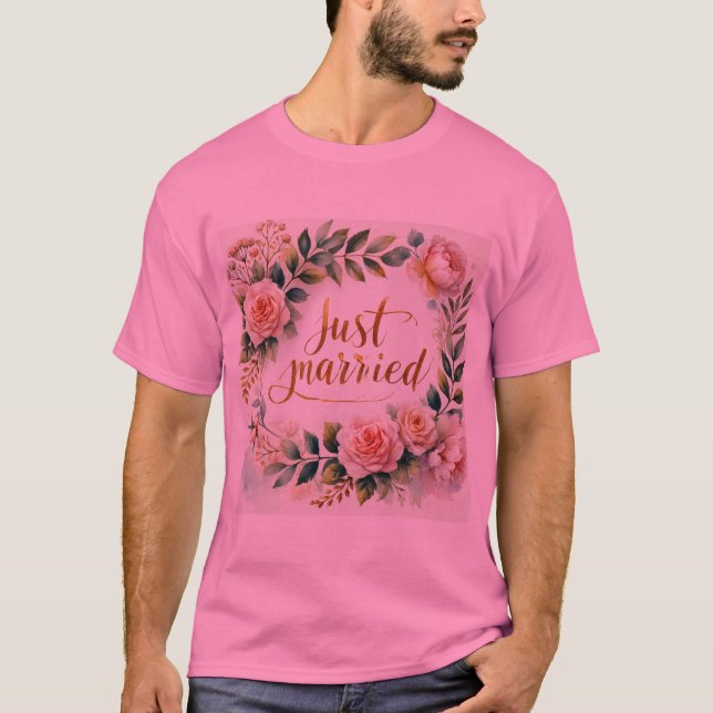 Romantic Floral Wreath Just Married Mens Tshirt (Front)