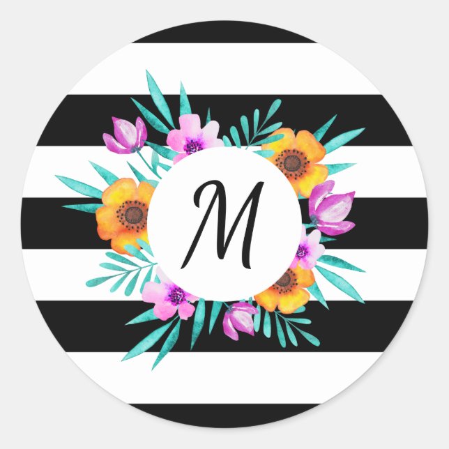 Romantic Floral Wreath Personalised Monogram Classic Round Sticker (Front)