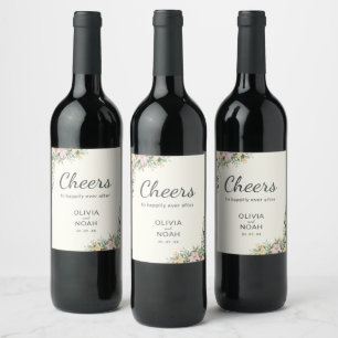 Romantic floral wreath wedding wine label
