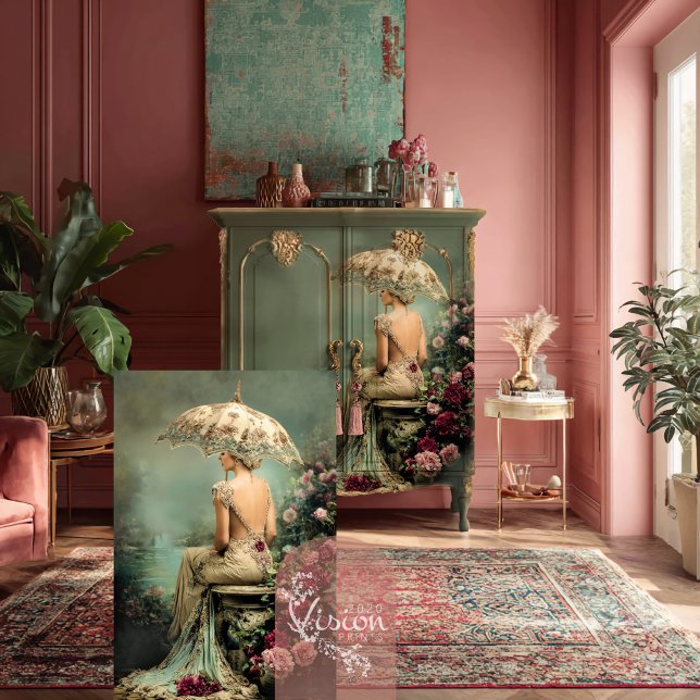 Romantic Florals Sage Green Lady & a Parasol Art Tissue Paper (Romantic Florals, Lady and a Parasol, Sage Green and Crimson Pink Decoupage Tissue Paper.)