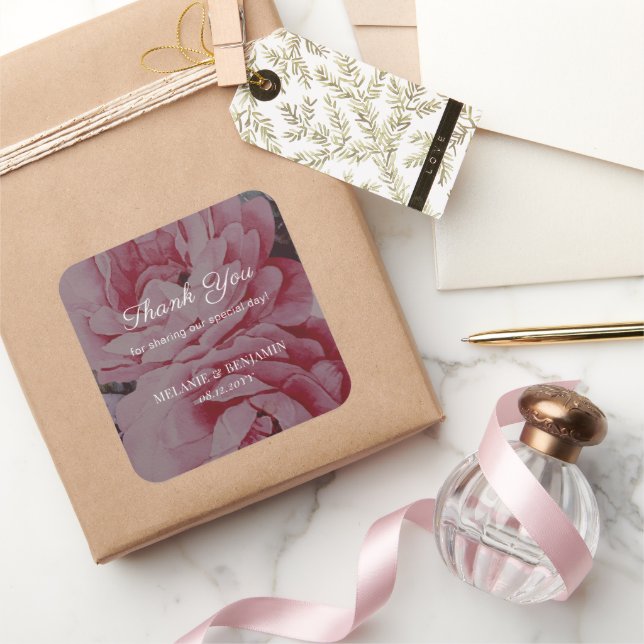 Romantic Flower Elegant Wedding Thank You Square Sticker (Gifting)