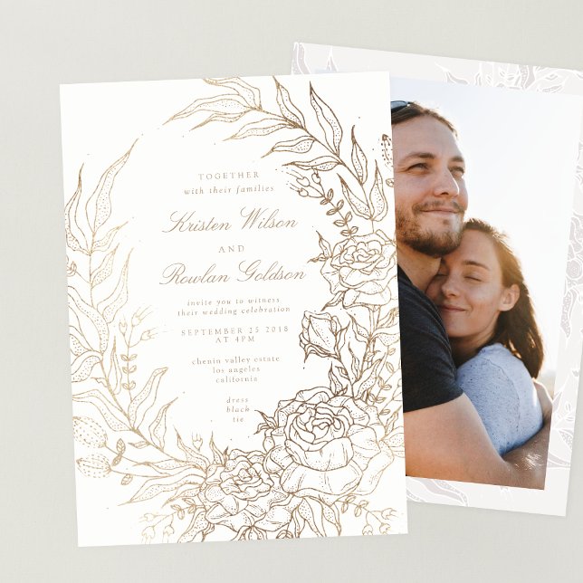 Romantic Flower Gold Wreath Photo Wedding Invitation (Creator Uploaded)