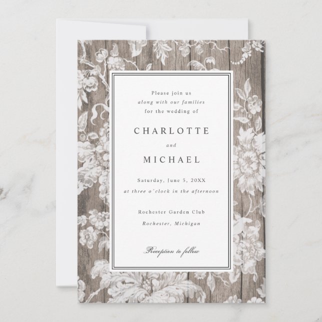 Romantic flower print on wood wedding invitation (Front)