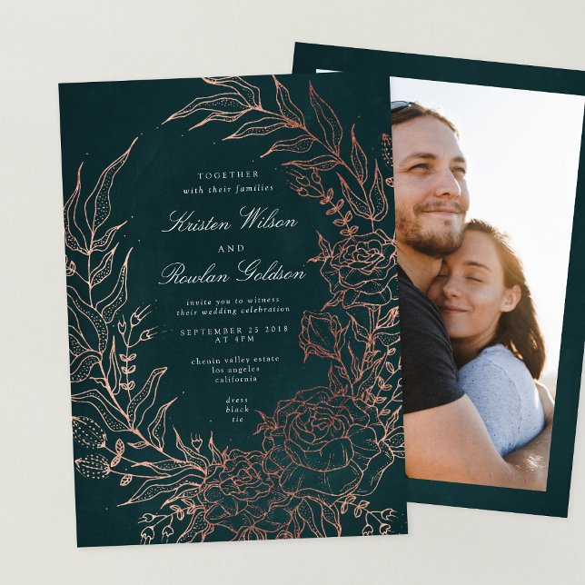 Romantic Flower Wreath Copper Photo Wedding Invitation (Creator Uploaded)