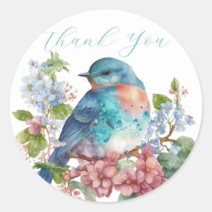 Romantic flowers and blue bird thank you  classic round sticker