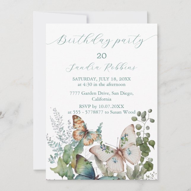 Romantic flowers and butterfly Birthday Invitation (Front)