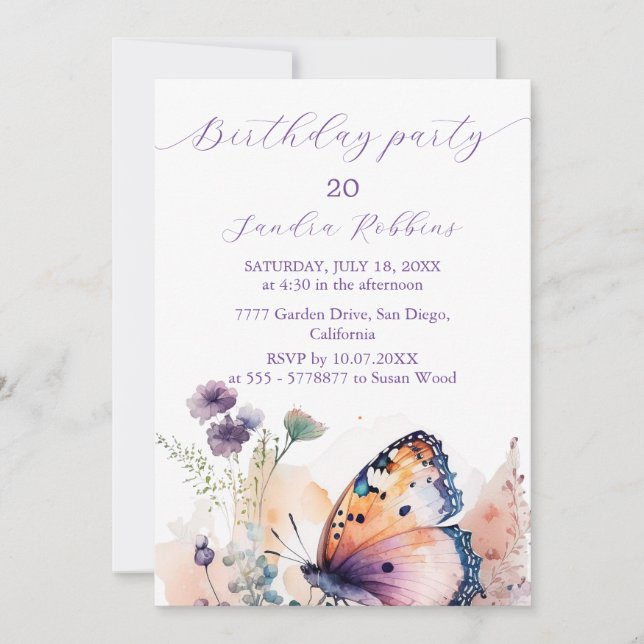 Romantic flowers and butterfly Birthday Invitation (Front)