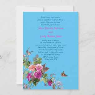 Romantic Flowers and Butterfly on Blue Wedding  Invitation