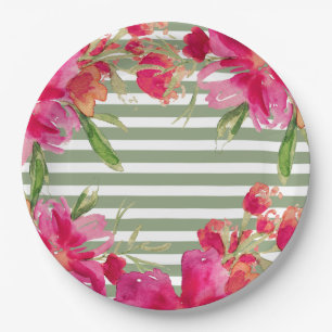 Romantic Flowers Green Stripes Party Paper Plates