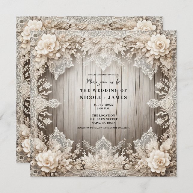 Romantic Flowers Lace + Wood Rustic Wedding  Invitation (Front/Back)