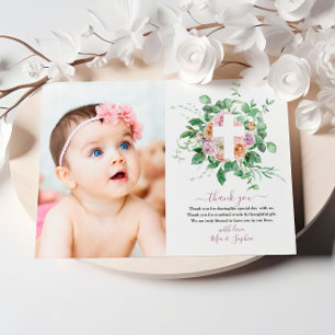 Romantic Flowers & Photo Baptism Thank You Card