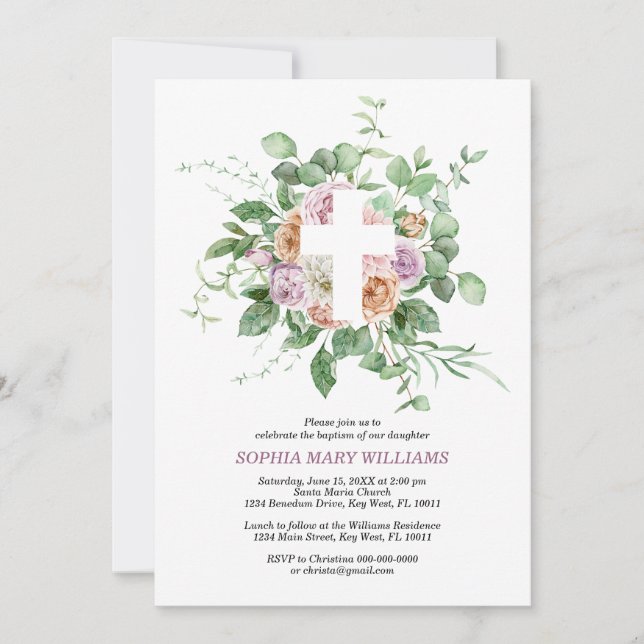 Romantic Flowers & White Cross Girl Baptism Invitation (Front)