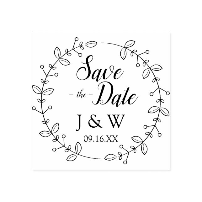 Romantic Foliage Wreath Save The Date Personalised Rubber Stamp (Imprint)