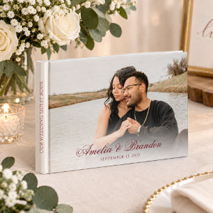 Romantic Formal Deep Burgundy Script Photo Wedding Guest Book
