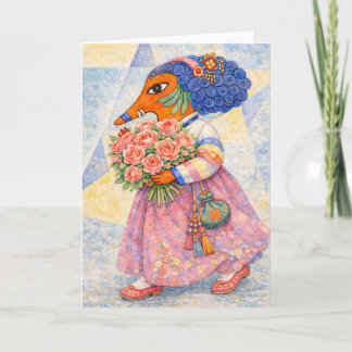 Romantic Fox Girl in Hanbok with Roses Card