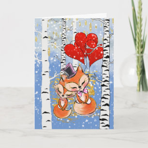 Romantic fox snow red heart balloon woodland card