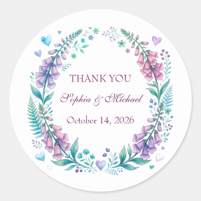Romantic foxgloves digitalis wedding classic round sticker (Front)