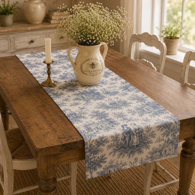 Romantic French Countryside Toile in Dusty Blue Long Table Runner (Creator Uploaded)