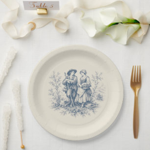 Romantic French Countryside Toile in Dusty Blue Paper Plate
