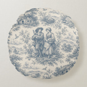 Romantic French Countryside Toile in Dusty Blue Round Cushion