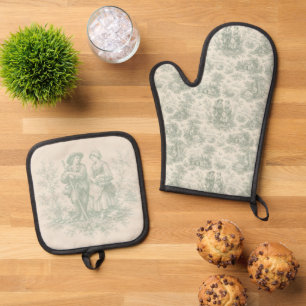 Romantic French Countryside Toile in Sage Green Oven Mitt & Pot Holder Set