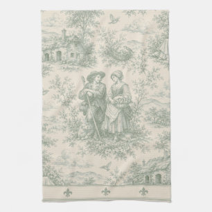 Romantic French Countryside Toile in Sage Green Tea Towel