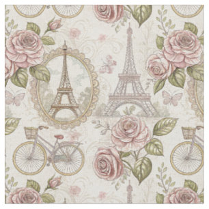 Romantic French Eiffel Tower & Roses Floral Design Fabric