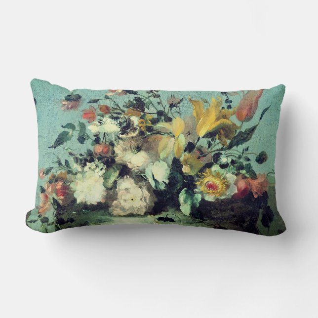 Romantic French Florals on Teal Lumbar Cushion (Front)