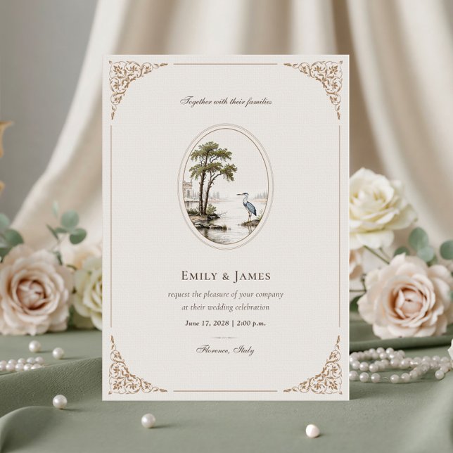 Romantic French Heron Oval Frame Wedding Invitation (Creator Uploaded)