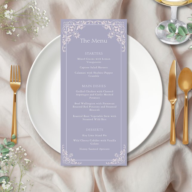 Romantic French Lilac Elegant Wedding Menu (Elegant french lilac theme wedding menu cards for romantic bridgerton inspired vintage shabby chic)