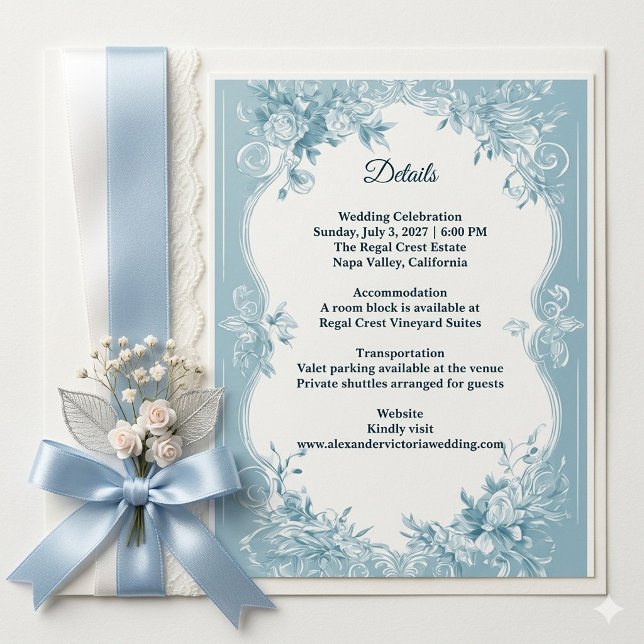 Romantic French Toile Blue Florals Wedding Details Enclosure Card (Romantic French Toile Blue Florals Wedding Details Enclosure Card)
