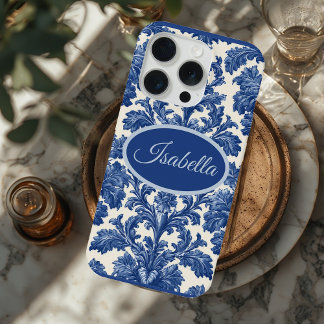 Romantic French Toile Powder Blue Personalized  iPhone 15 Pro Case