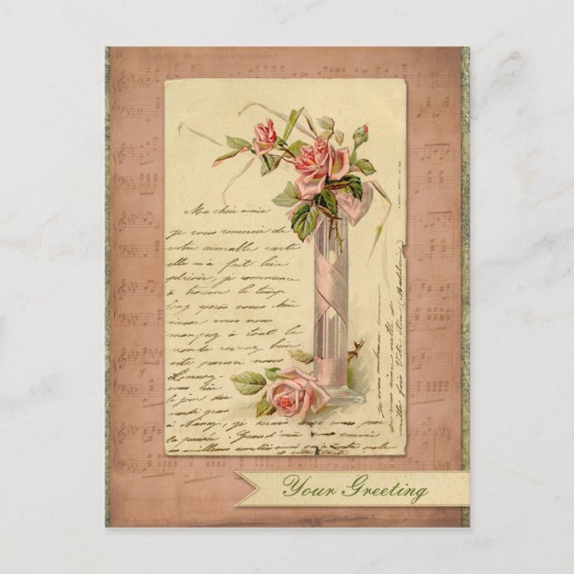Romantic French Vintage Pink Rose Postcard (Front)