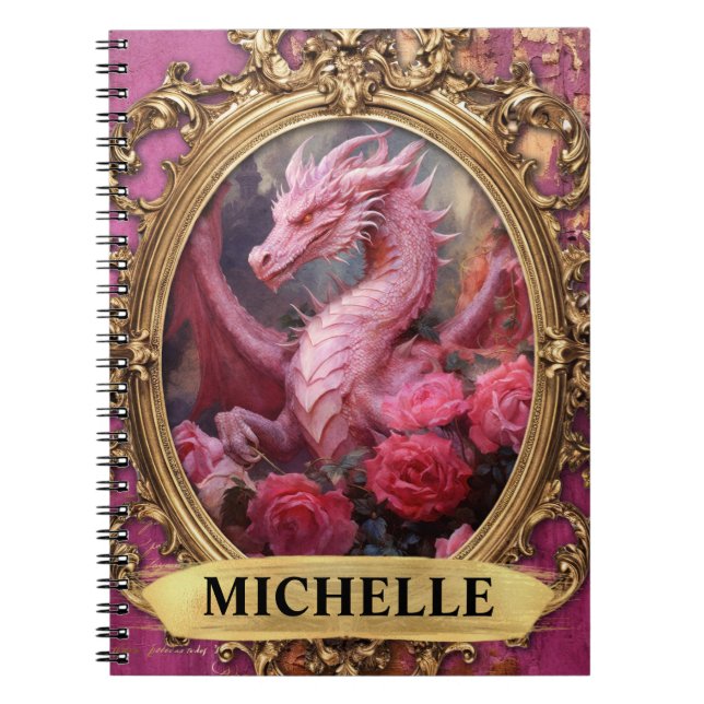 Romantic Fuchsia Dragon and Roses Fantasy Notebook (Front)