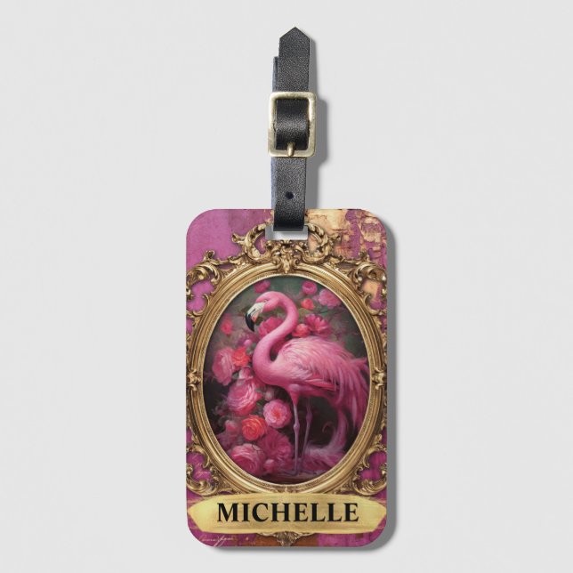 Romantic Fuchsia Flamingo and Roses Luggage Tag (Front Vertical)