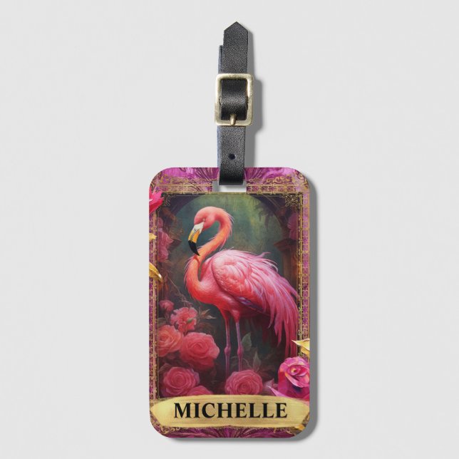 Romantic Fuchsia Flamingo and Roses Luggage Tag (Front Vertical)